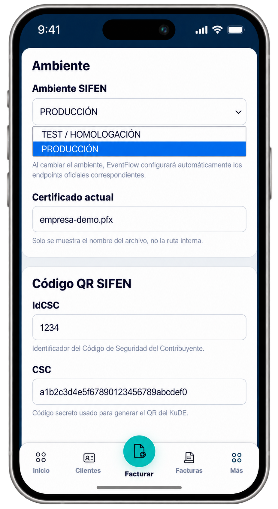 EventFlow FE SIFEN environment configuration showing Test Homologation and Production options, taxpayer IdCSC and CSC