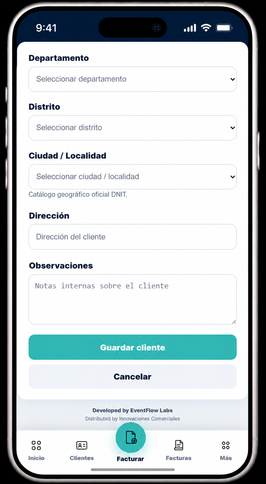 EventFlow FE client form showing department, district, city or locality, address, observations and save client action