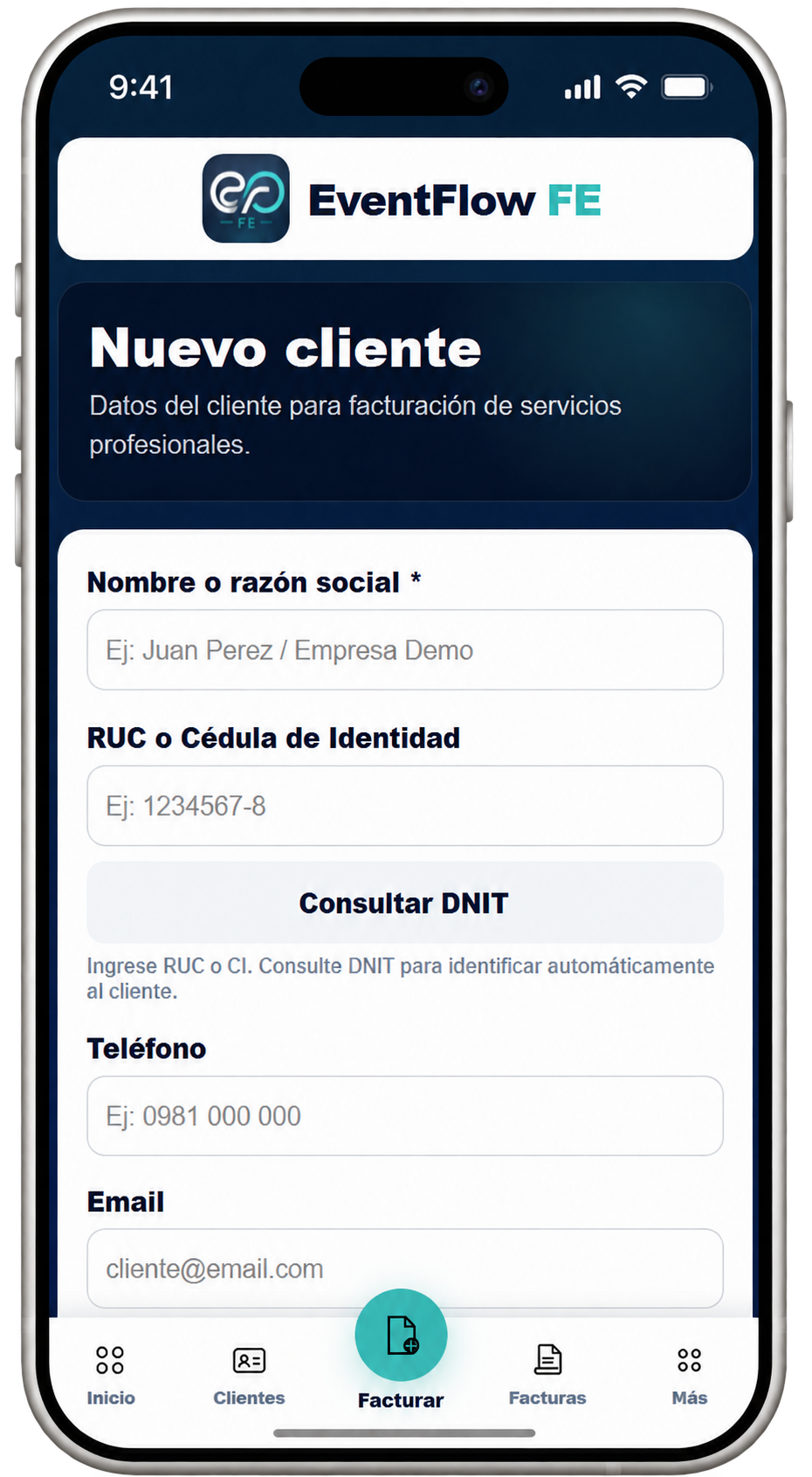 EventFlow FE new client form showing name or company name, RUC or identity card, DNIT lookup, telephone and email