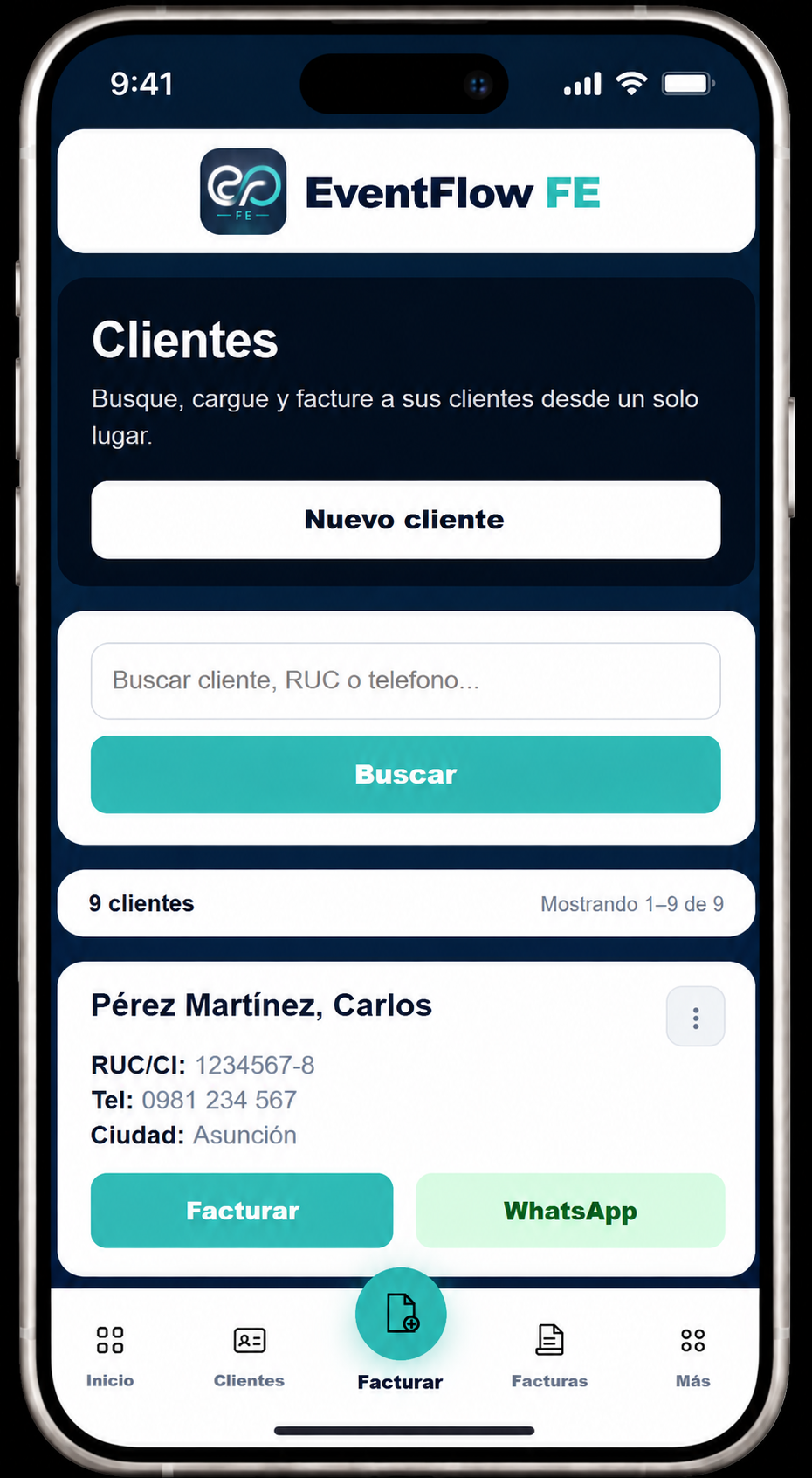 EventFlow FE clients screen showing client search, saved clients and billing actions