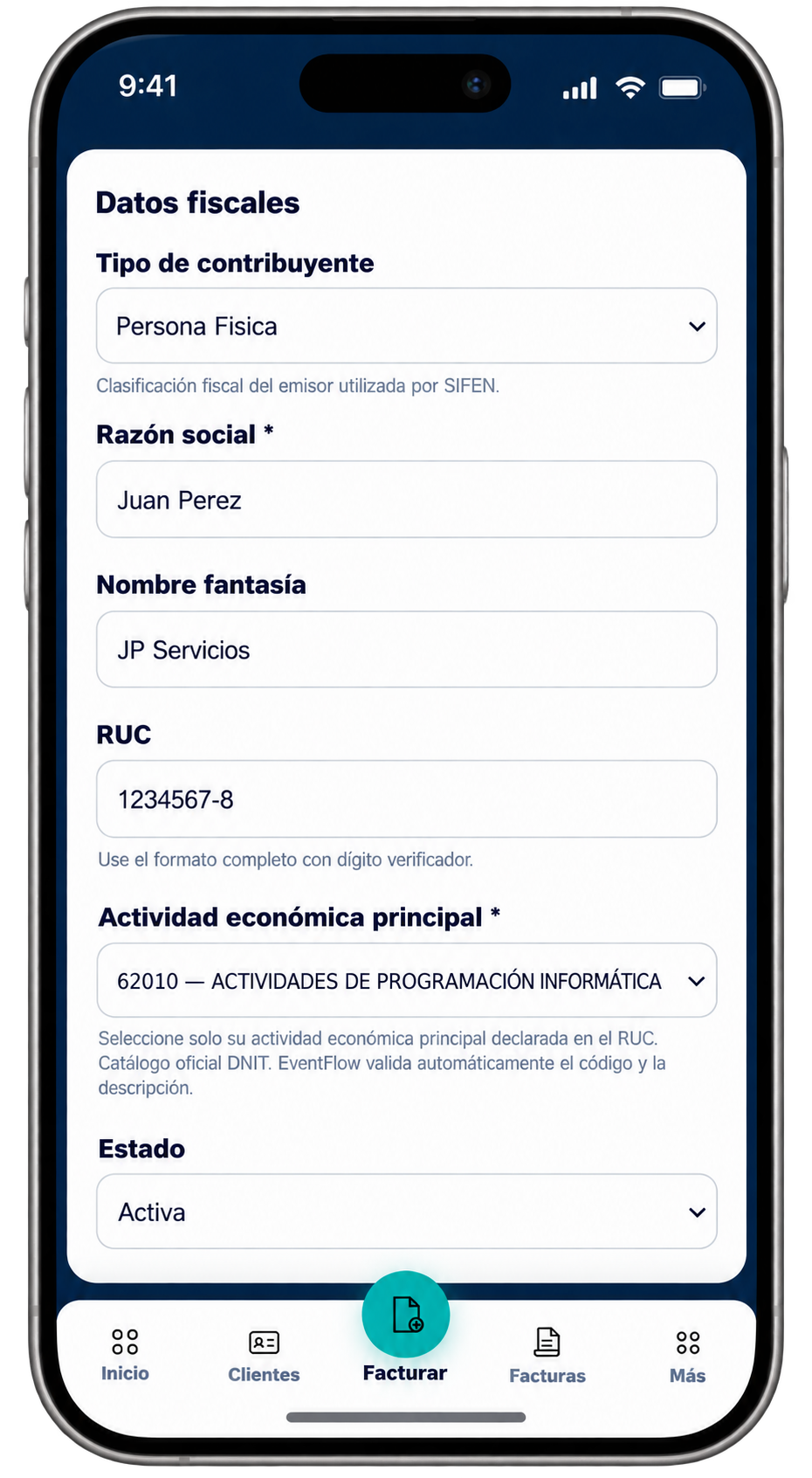 EventFlow FE fiscal data configuration with taxpayer type, legal name, trade name, RUC and economic activity