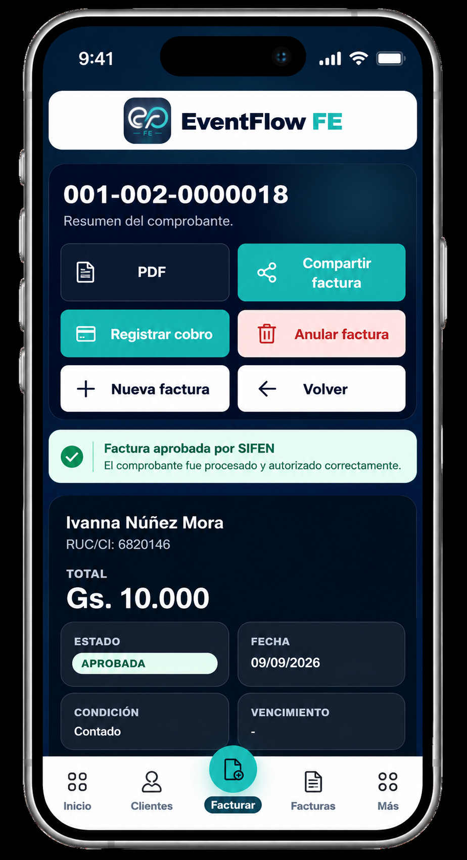 EventFlow FE invoice showing approval by SIFEN and enabled PDF and Share Invoice actions