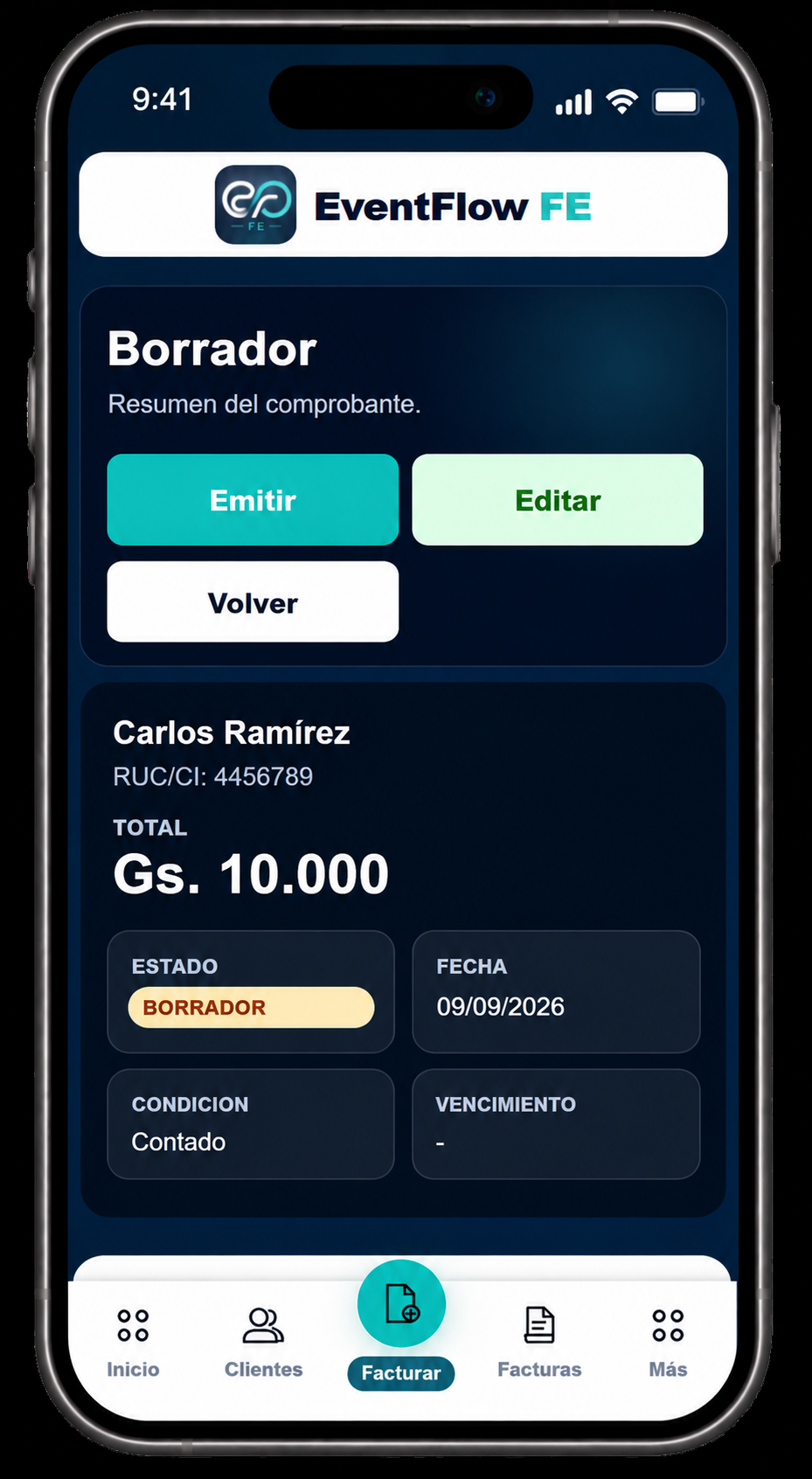 EventFlow FE draft invoice screen showing invoice summary, edit and issue actions