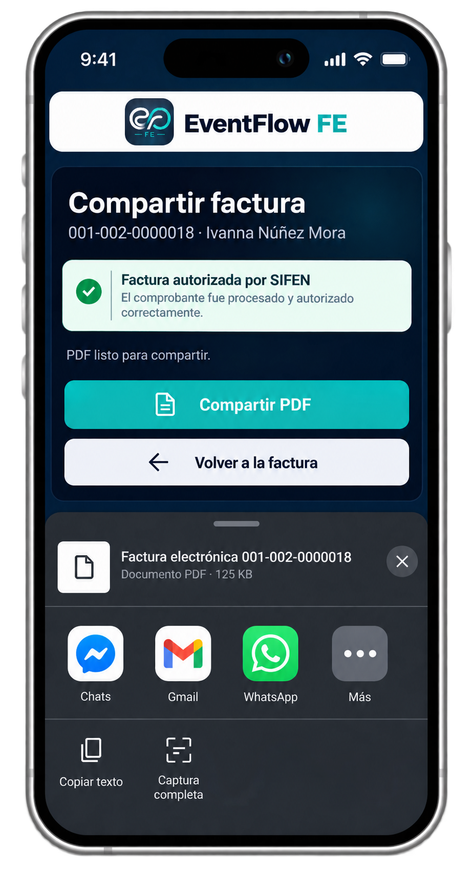 Mobile sharing options for an EventFlow FE electronic invoice PDF