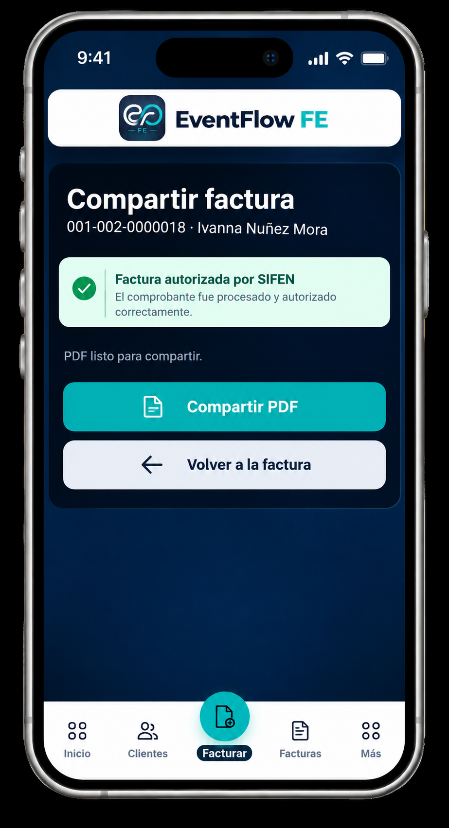 EventFlow FE Share Invoice screen showing SIFEN authorization and Share PDF action