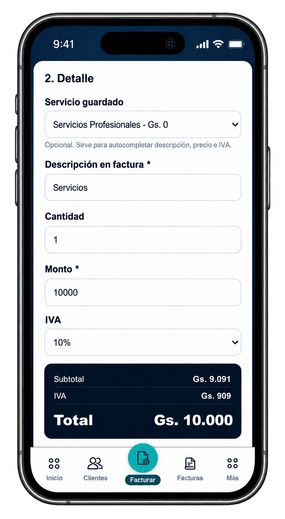 EventFlow FE invoice detail screen showing saved service, description, quantity, amount, VAT and total
