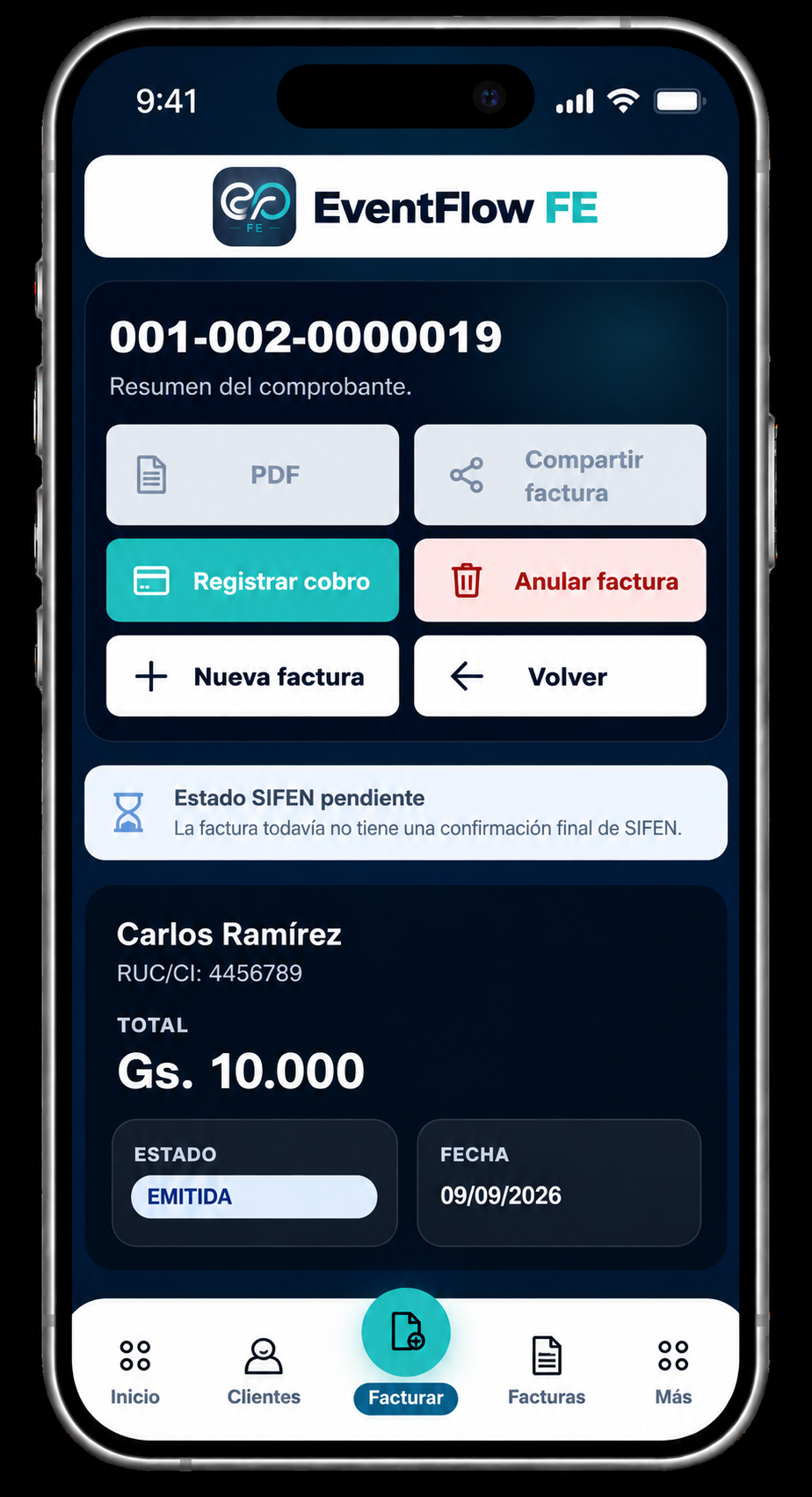 EventFlow FE issued invoice screen showing SIFEN pending status and invoice actions
