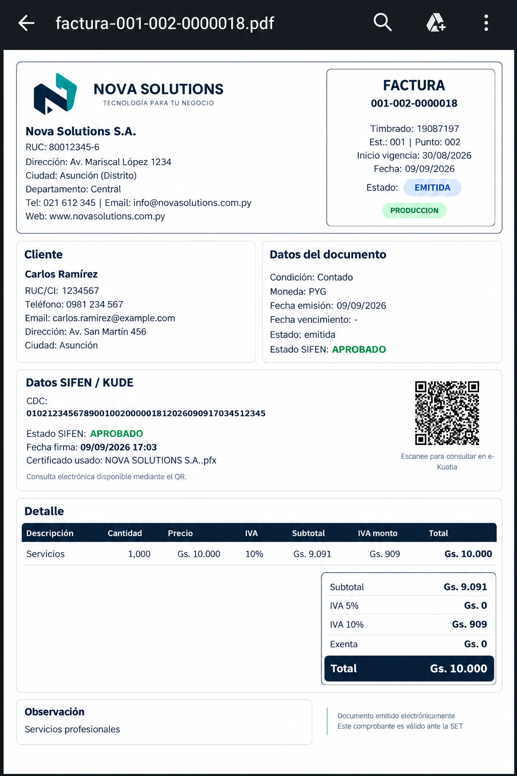 Example of an approved EventFlow FE electronic invoice in PDF format ready to be sent to the client