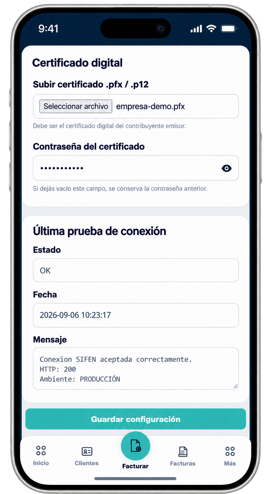EventFlow FE digital certificate configuration with certificate upload and password