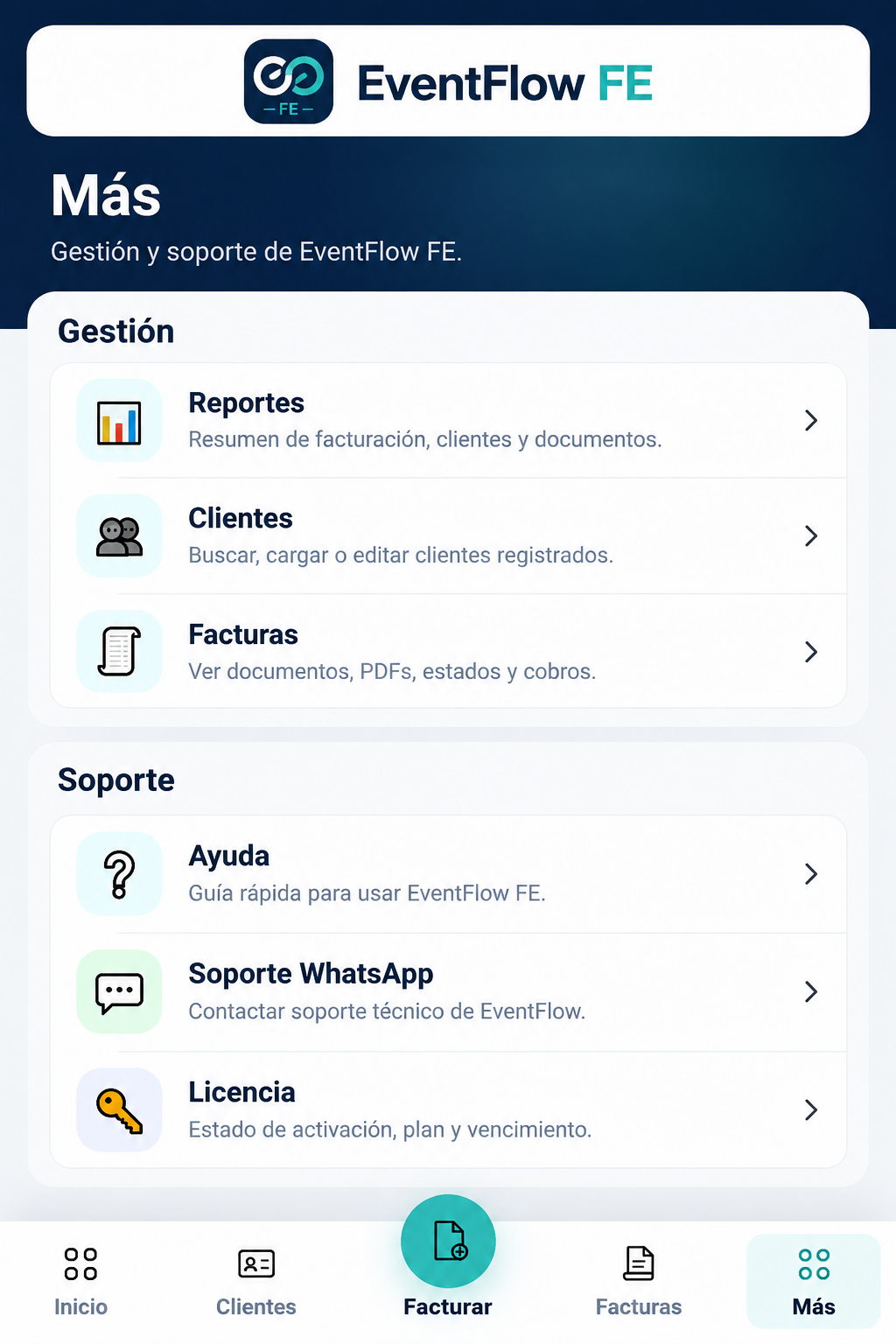 EventFlow FE More screen showing the Reports option under Management