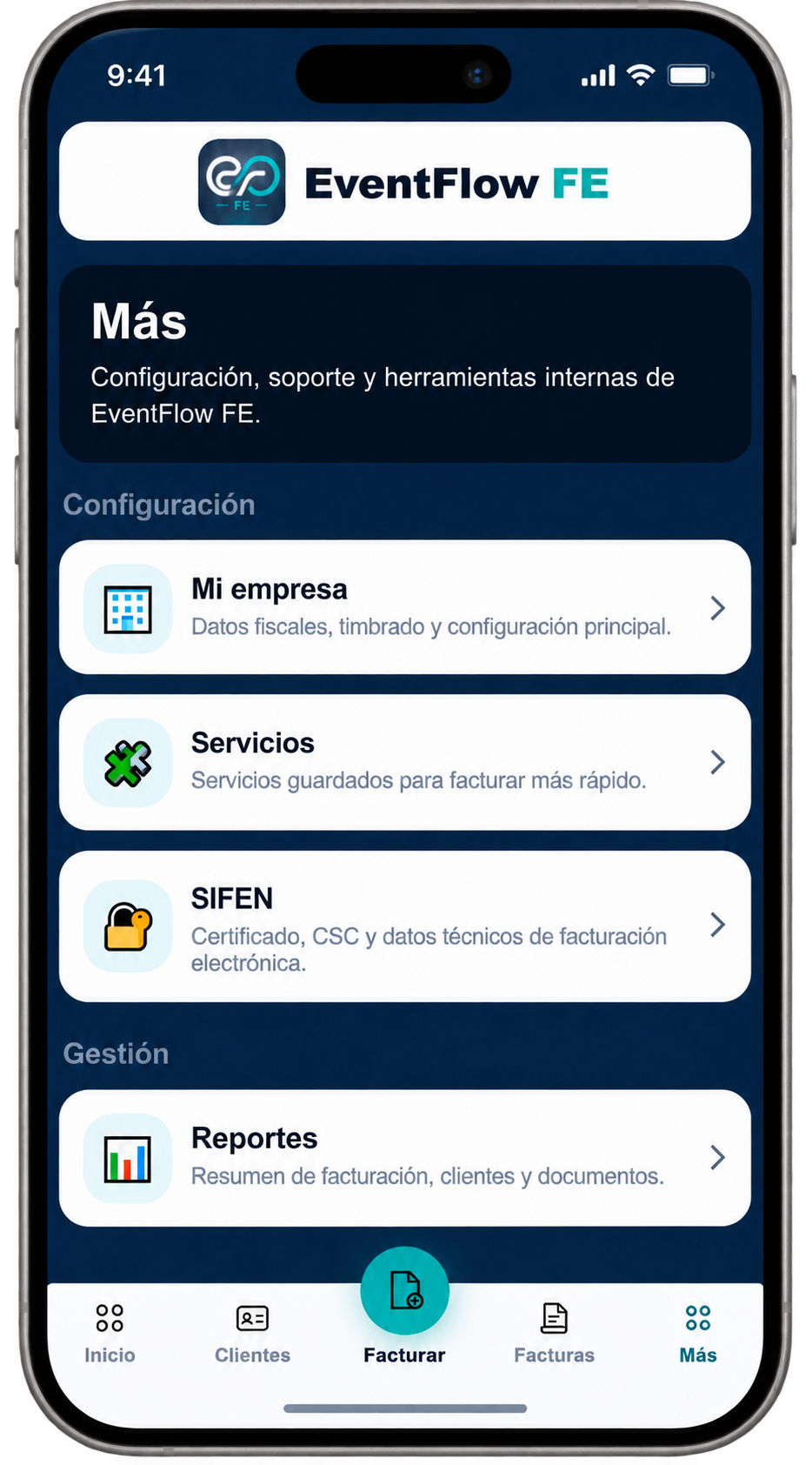 EventFlow FE More screen showing My Company configuration