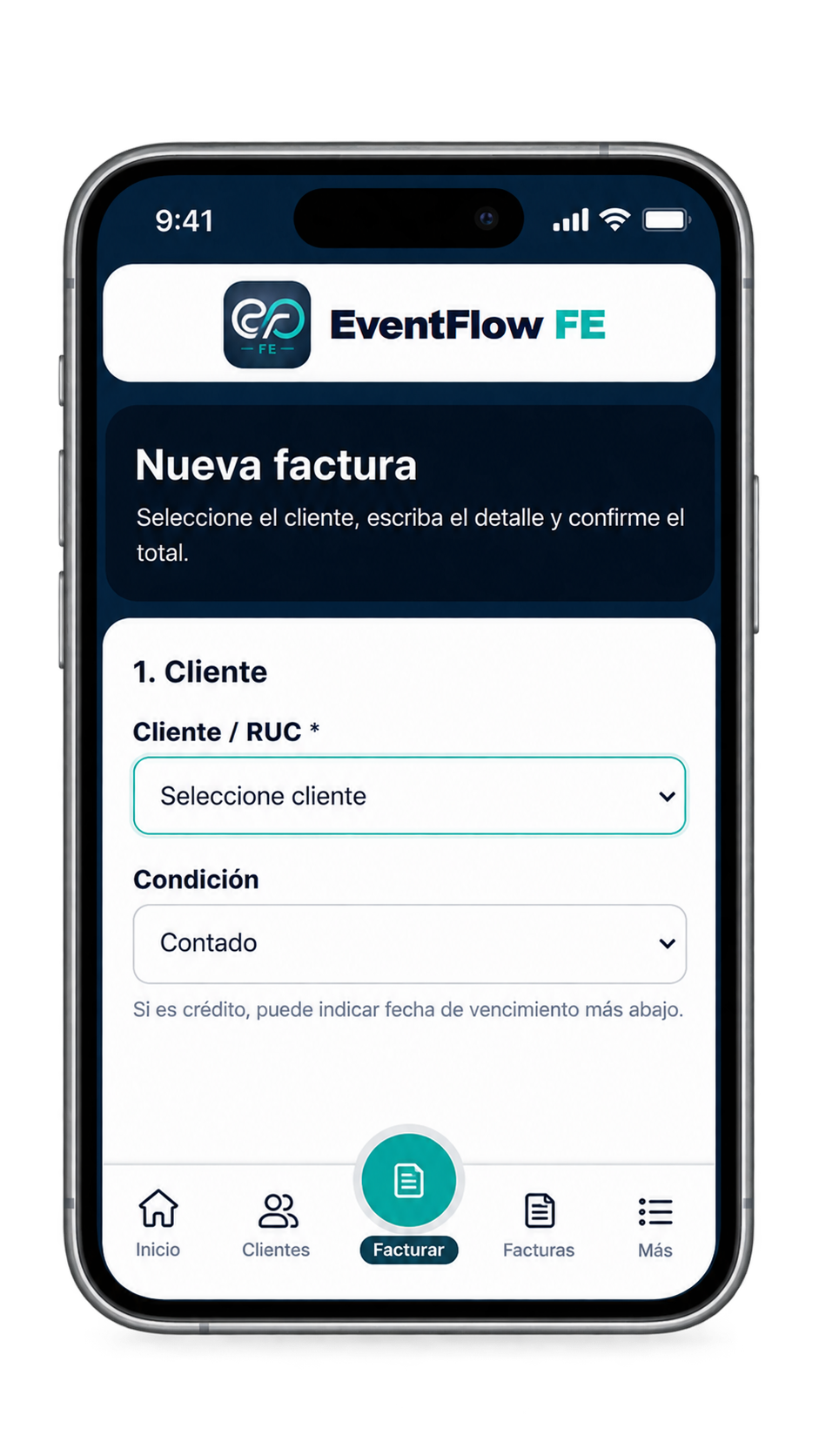 EventFlow FE new invoice screen showing client selection and invoice condition
