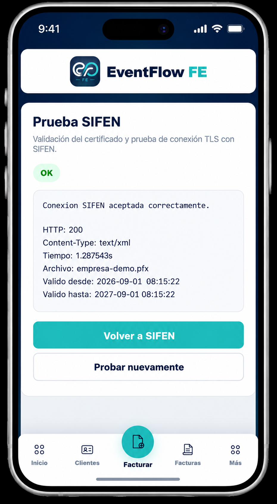 EventFlow FE successful SIFEN certificate and TLS connection test