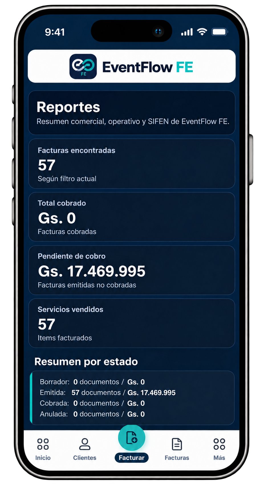 EventFlow FE report results showing invoices found, total collected, pending collection, services sold and summary by status