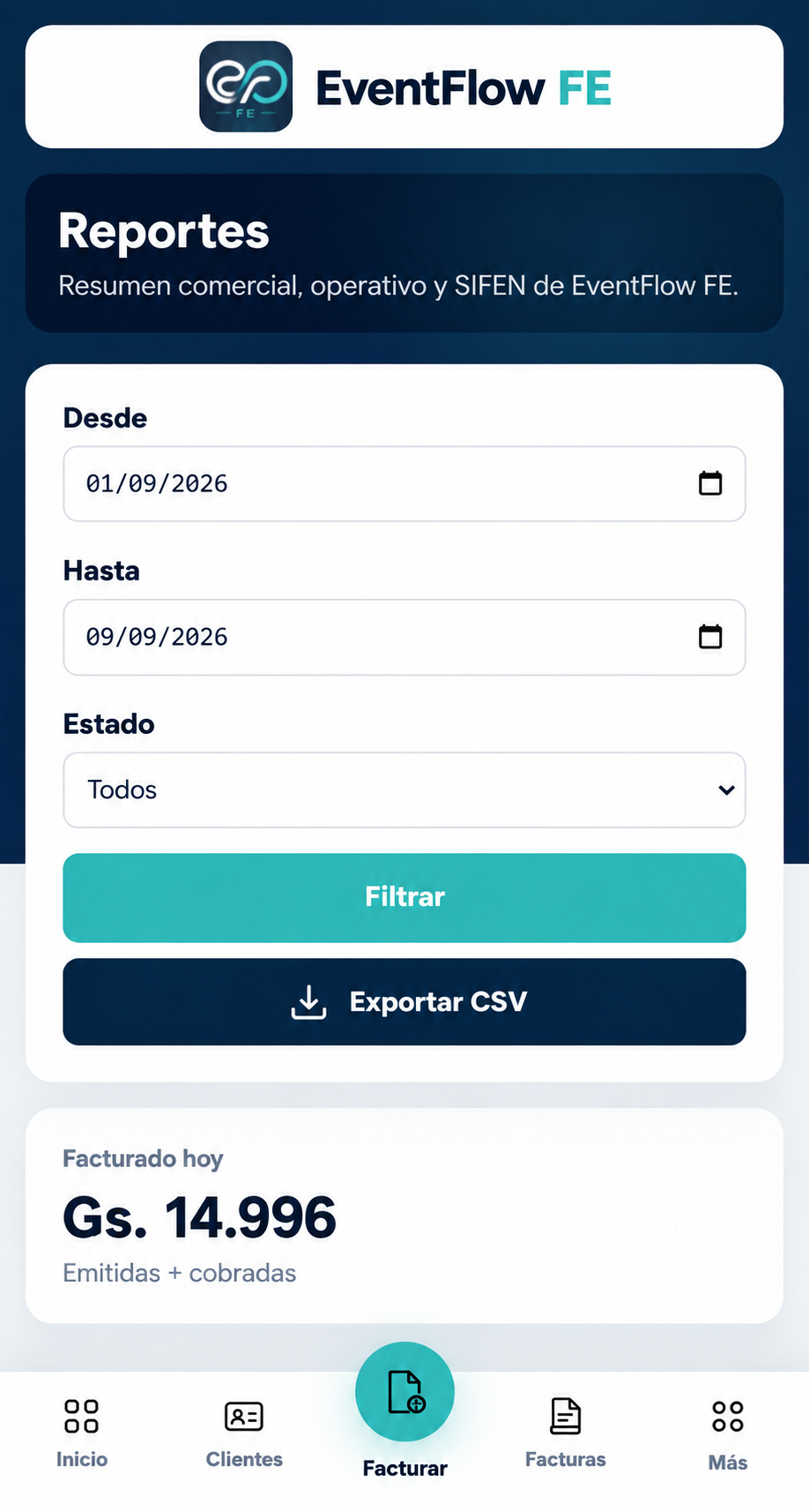 EventFlow FE Reports screen showing date range, document status filter and CSV export