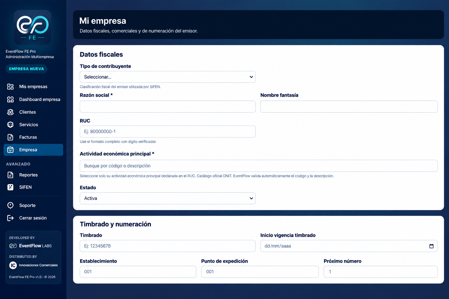 Fiscal data and numbering configuration in EventFlow FE PRO