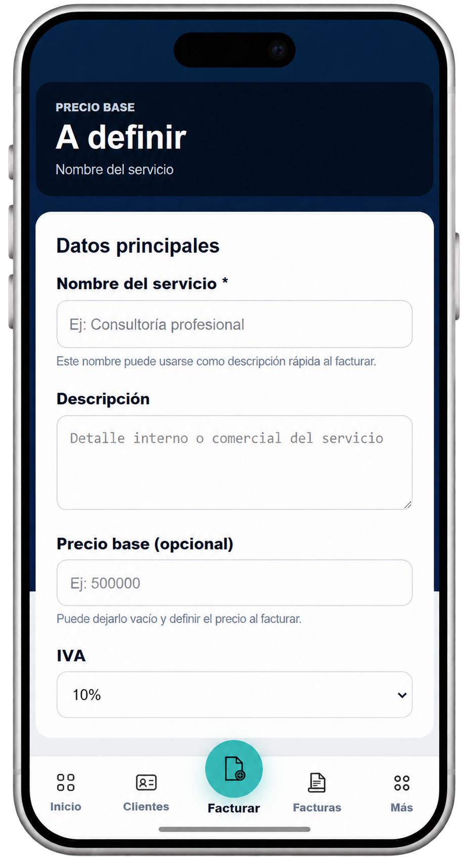 EventFlow FE new service form showing service name, description, optional base price and VAT