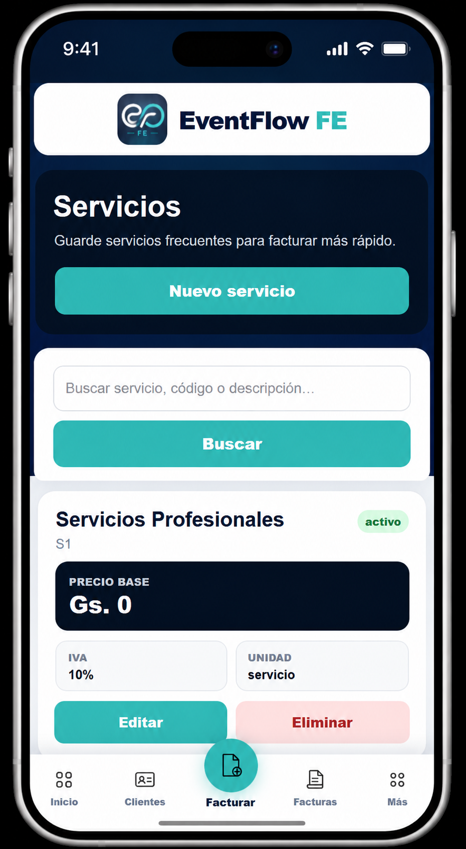 EventFlow FE services screen showing saved services, search and service management options